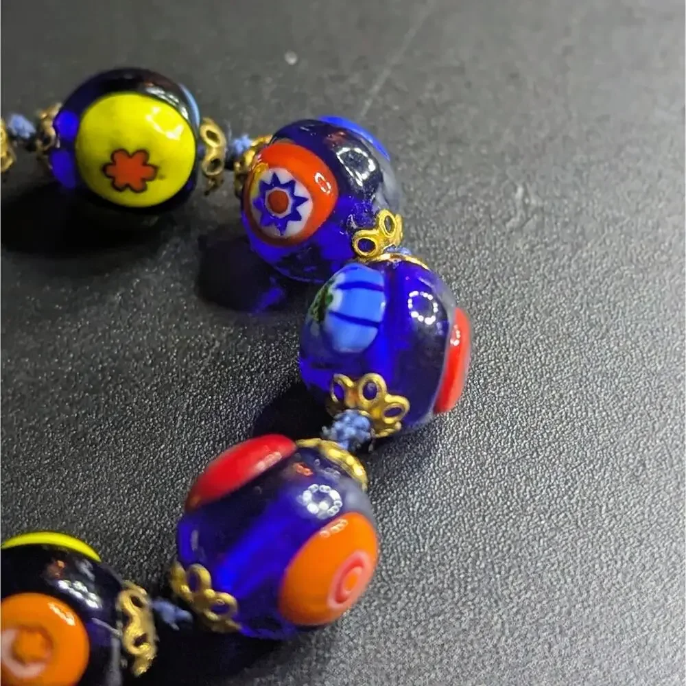 Vintage Millefiori Glass Bead Bracelet – Cobalt Blue w/ Multicolor Floral Canes